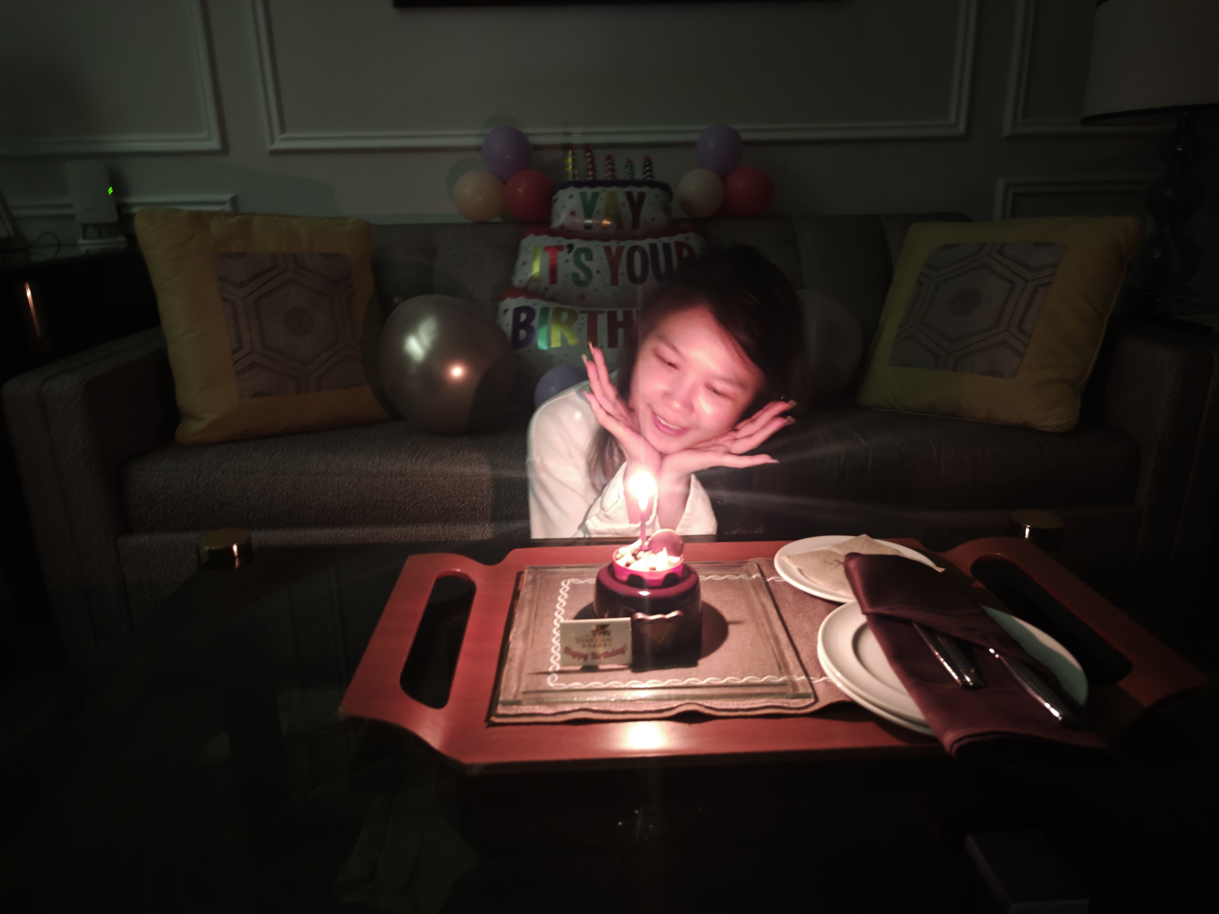 Judy with a chocolate birthday cake during the Macau anniversary trip